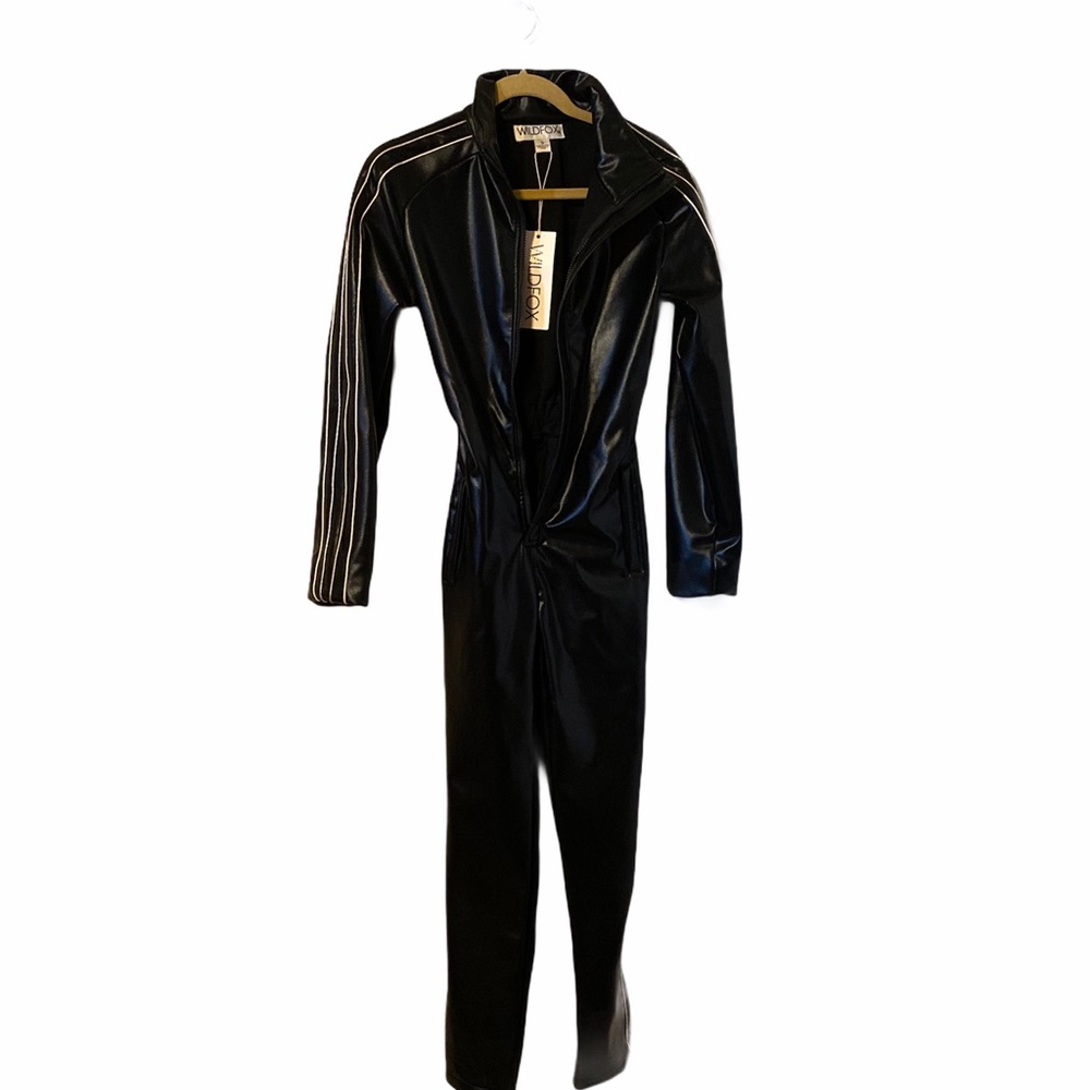 Vintage Black Faux Leather Jumpsuit with Stripe Detail